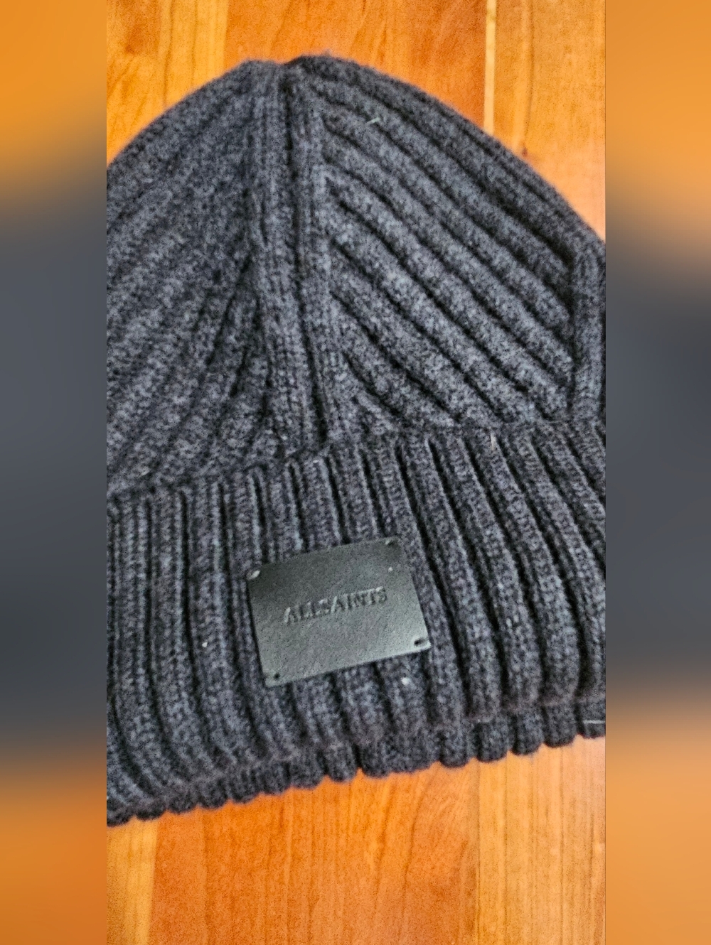 AllSaints Black Ribbed Wool Beanie with Logo Plaque